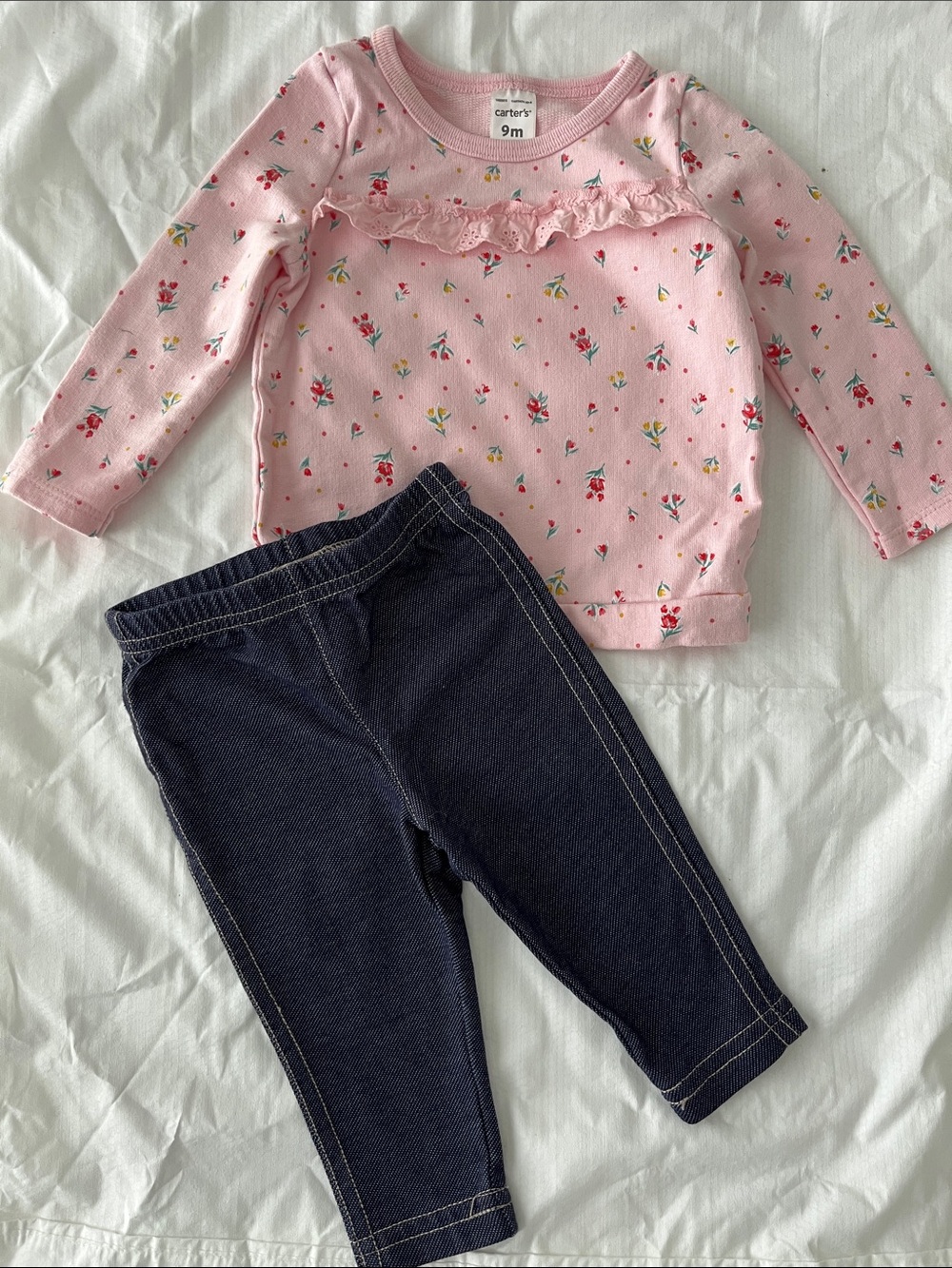 Carter's Pink Floral Ruffle Top with Navy Stitch Leggings